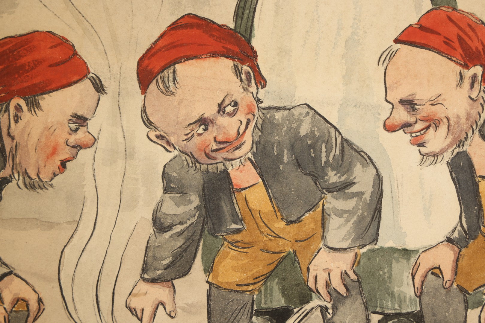 Antique Watercolor Painting on Paper, Scandinavian Nisse Folklore Scene with Gnome Figures Gathered Around a Pot of Porridge, Framed