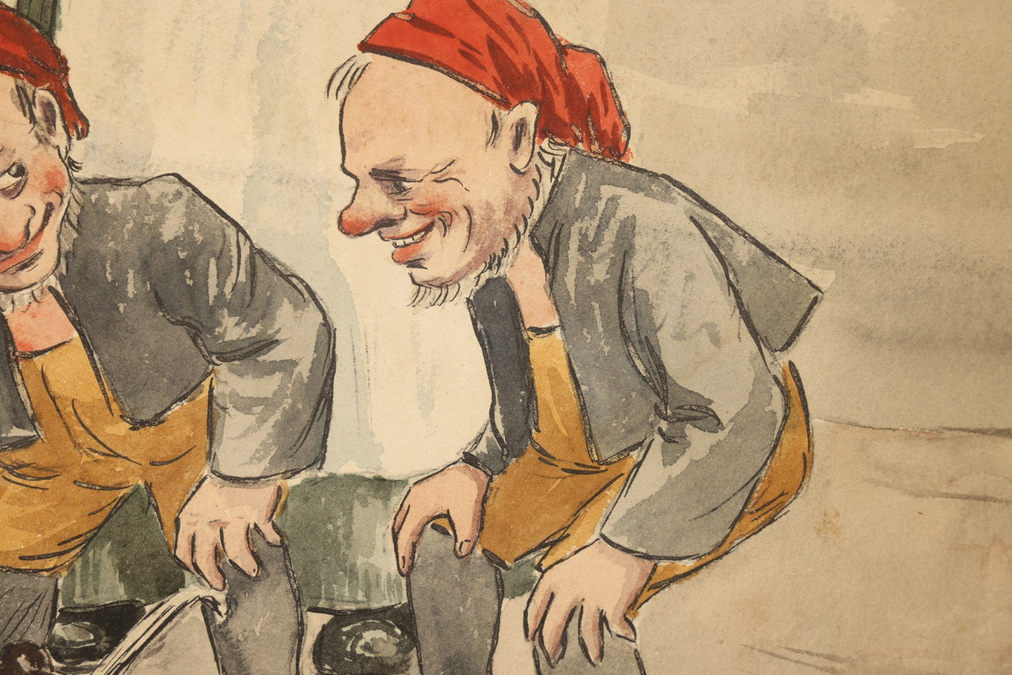 Antique Watercolor Painting on Paper, Scandinavian Nisse Folklore Scene with Gnome Figures Gathered Around a Pot of Porridge, Framed