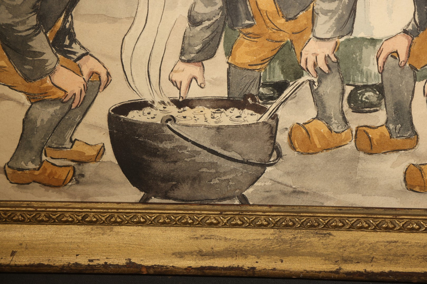 Antique Watercolor Painting on Paper, Scandinavian Nisse Folklore Scene with Gnome Figures Gathered Around a Pot of Porridge, Framed