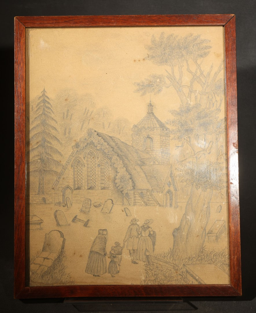 Antique Framed Pencil Drawing on Paper, Church and Graveyard with Figures, Framer's Label on Verso