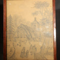 Lot 060 - Antique Framed Pencil Drawing on Paper, Church and Graveyard with Figures, Framer's Label on Verso, 7-5/8" W x 9-5/8" H