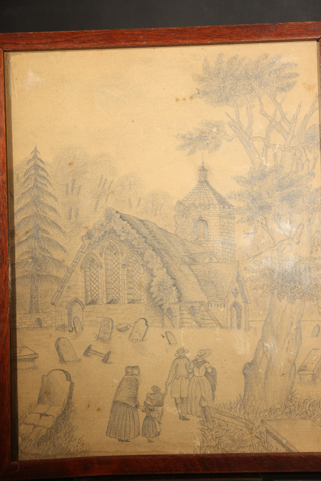 Antique Framed Pencil Drawing on Paper, Church and Graveyard with Figures, Framer's Label on Verso