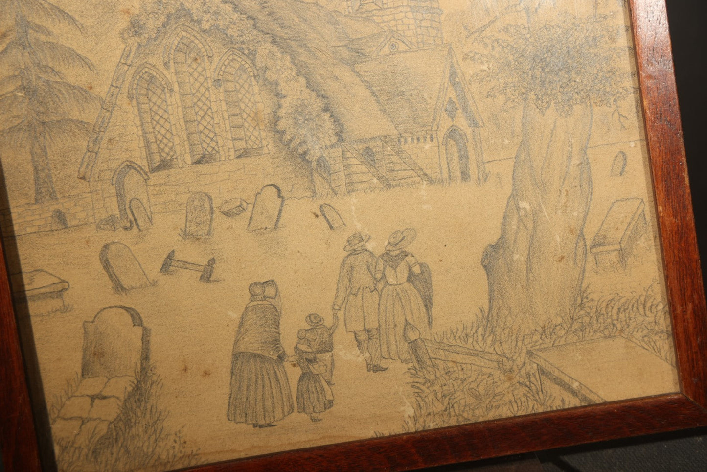Antique Framed Pencil Drawing on Paper, Church and Graveyard with Figures, Framer's Label on Verso
