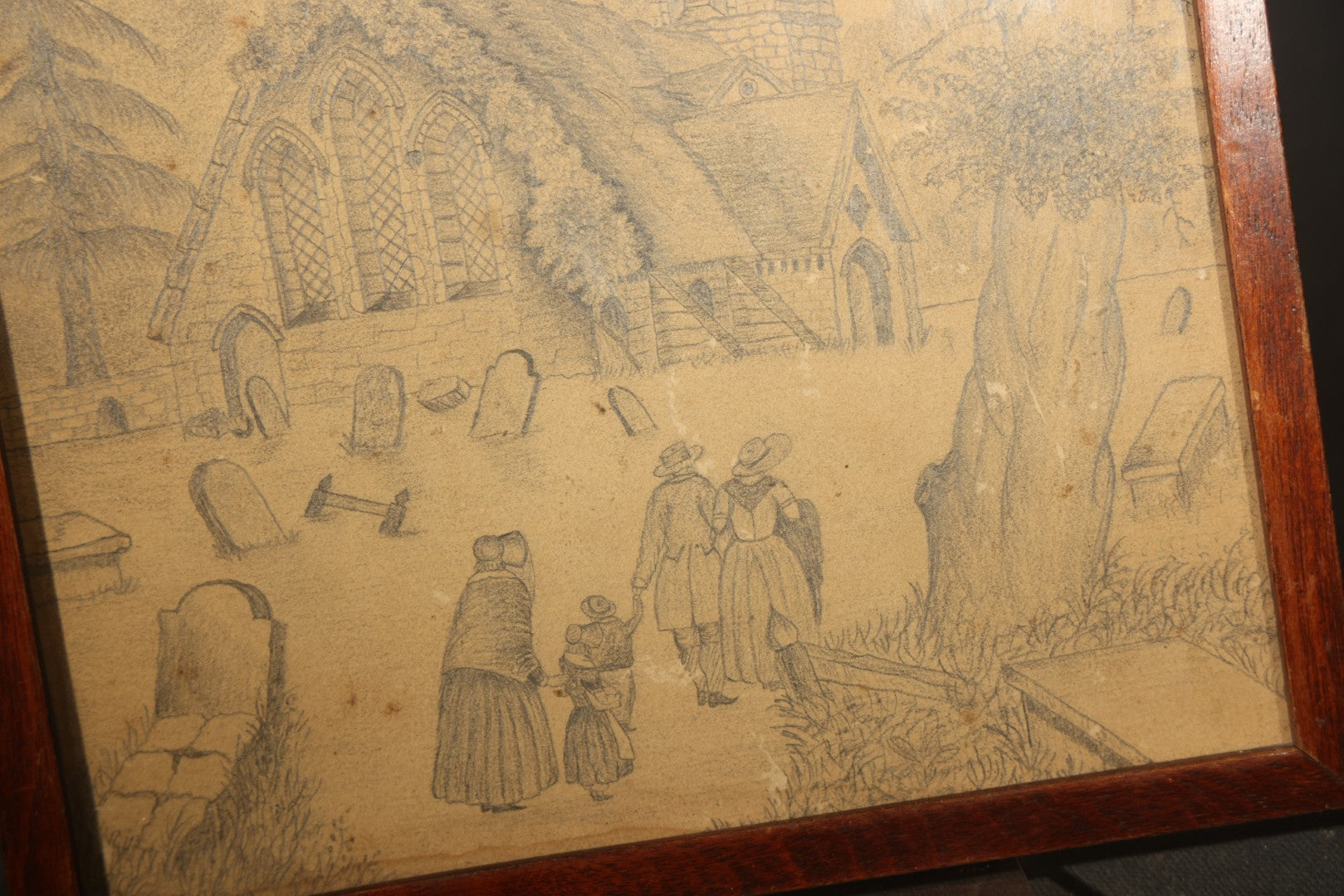Antique Framed Pencil Drawing on Paper, Church and Graveyard with Figures, Framer's Label on Verso