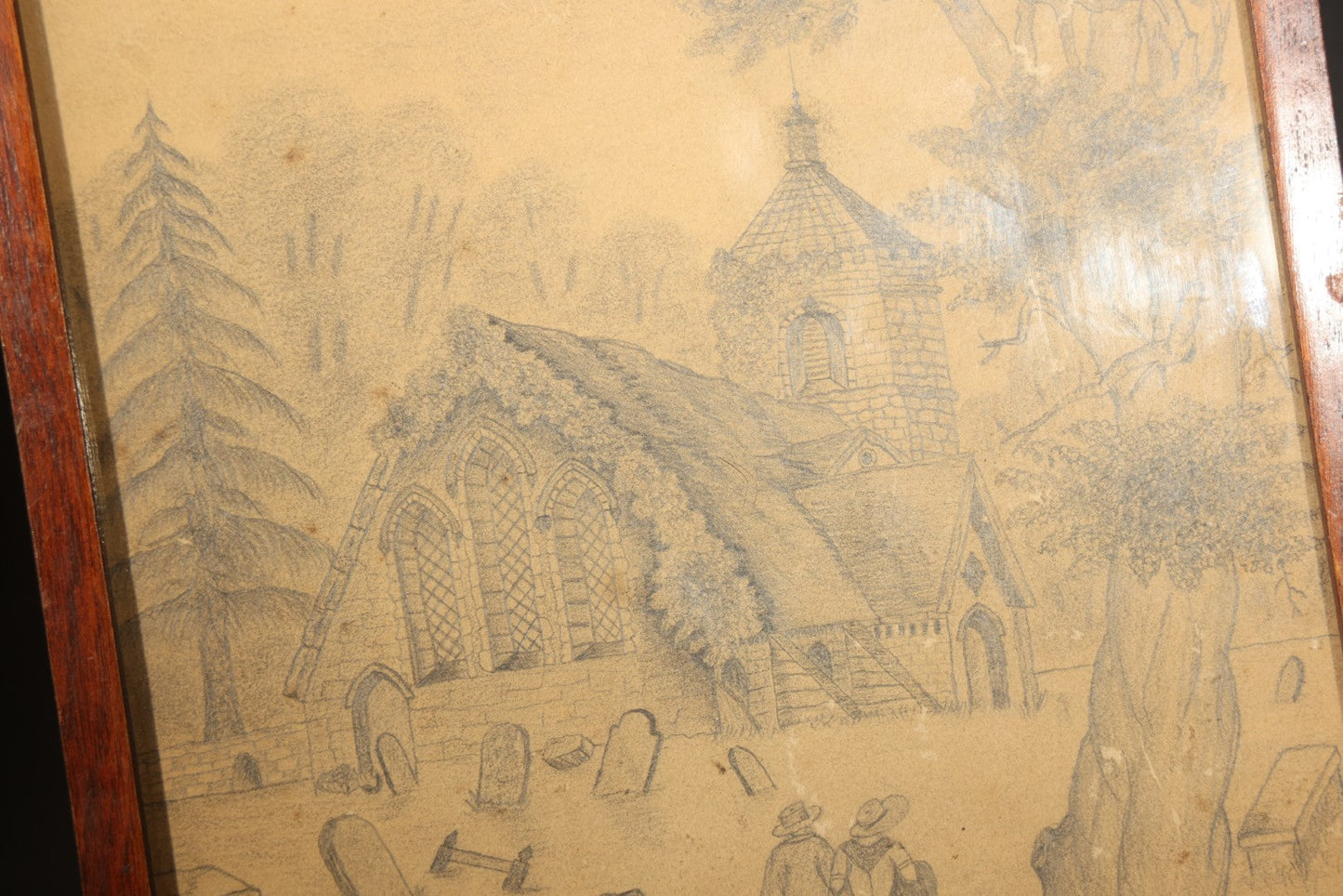 Antique Framed Pencil Drawing on Paper, Church and Graveyard with Figures, Framer's Label on Verso