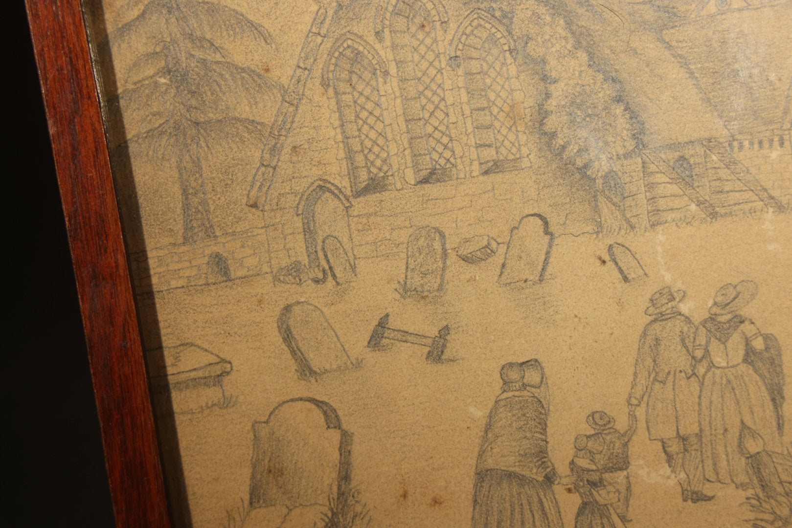 Antique Framed Pencil Drawing on Paper, Church and Graveyard with Figures, Framer's Label on Verso