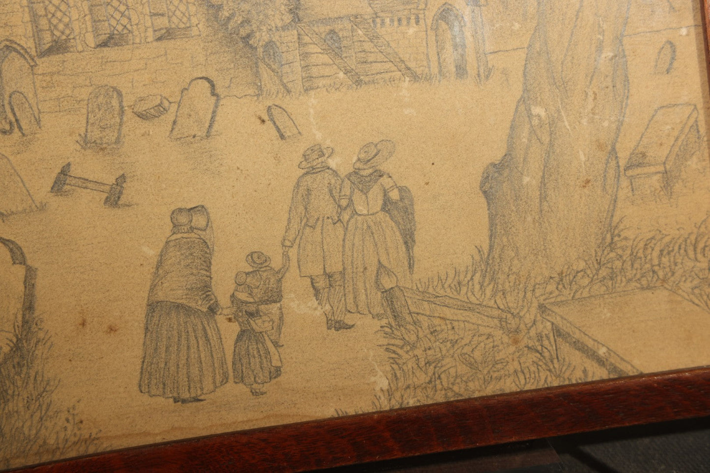 Antique Framed Pencil Drawing on Paper, Church and Graveyard with Figures, Framer's Label on Verso