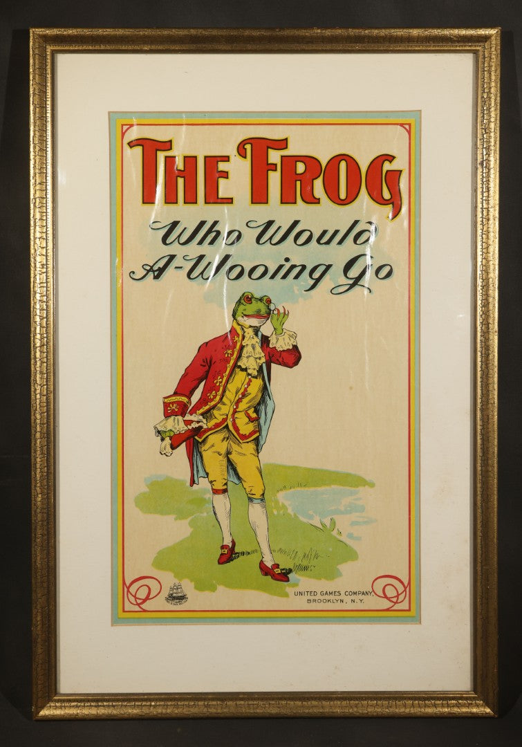 Antique Framed Chromolithograph Game Box Cover, "The Frog Who Would A-Wooing Go," United Games Company, Brooklyn, New York, with Parker Brothers Salem, Massachusetts Logo