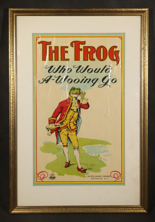 Antique Framed Chromolithograph Game Box Cover, "The Frog Who Would A-Wooing Go," United Games Company, Brooklyn, New York, with Parker Brothers Salem, Massachusetts Logo