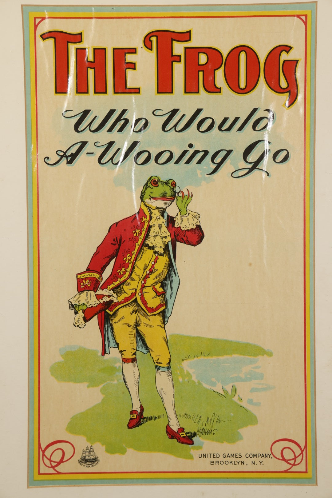 Antique Framed Chromolithograph Game Box Cover, "The Frog Who Would A-Wooing Go," United Games Company, Brooklyn, New York, with Parker Brothers Salem, Massachusetts Logo