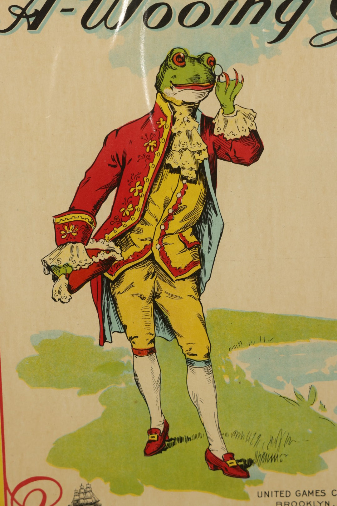 Antique Framed Chromolithograph Game Box Cover, "The Frog Who Would A-Wooing Go," United Games Company, Brooklyn, New York, with Parker Brothers Salem, Massachusetts Logo
