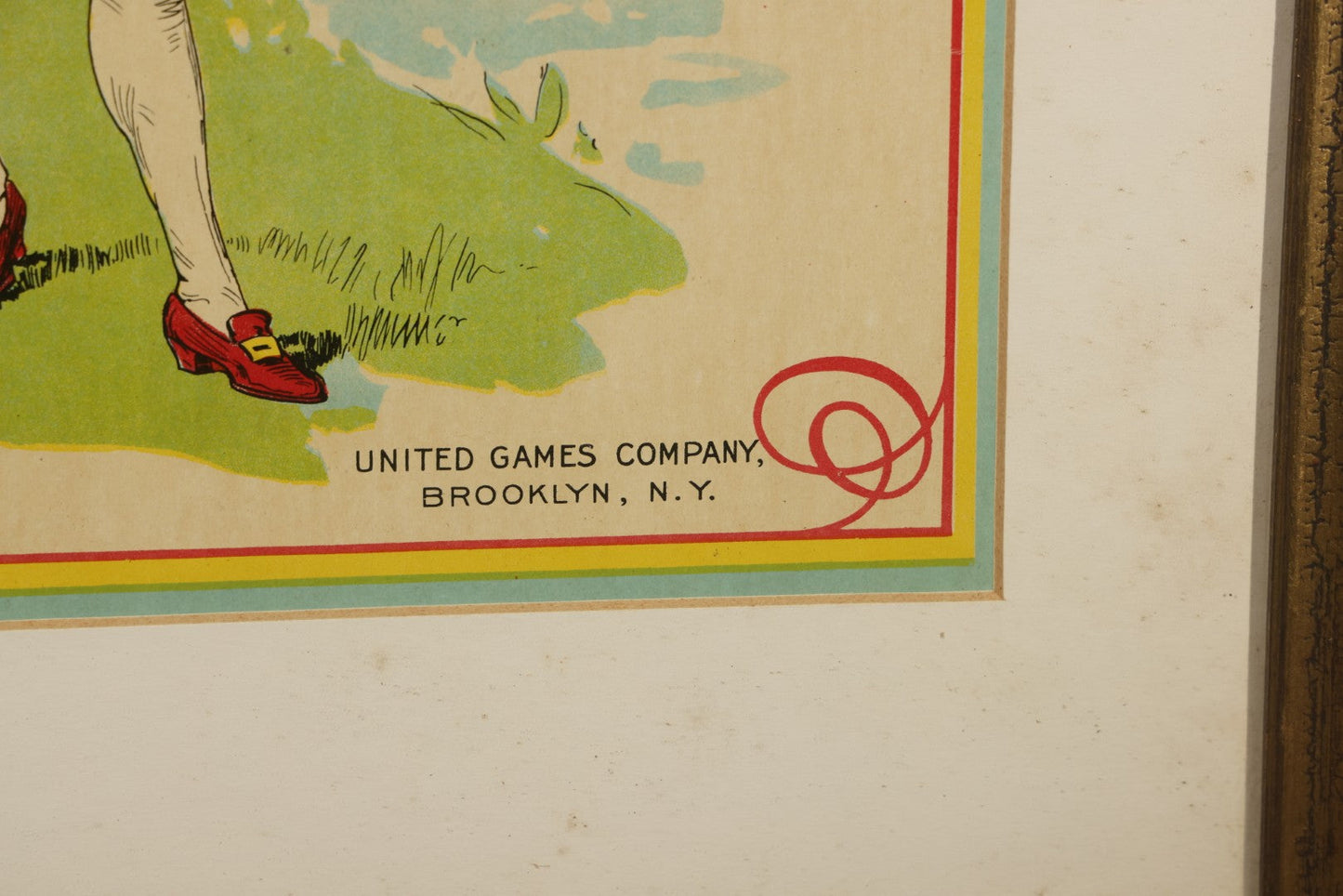 Antique Framed Chromolithograph Game Box Cover, "The Frog Who Would A-Wooing Go," United Games Company, Brooklyn, New York, with Parker Brothers Salem, Massachusetts Logo