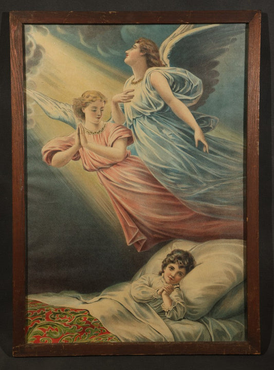 Antique Framed Chromolithograph Print of Guardian Angels Watching Over a Sleeping Child