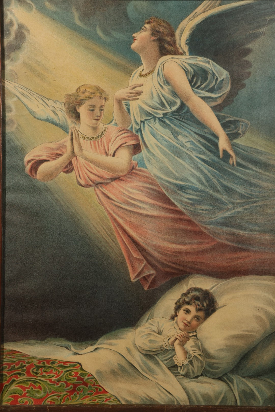 Antique Framed Chromolithograph Print of Guardian Angels Watching Over a Sleeping Child