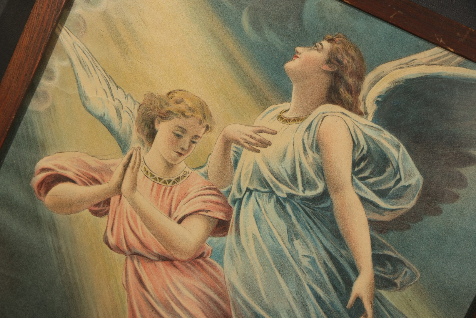 Antique Framed Chromolithograph Print of Guardian Angels Watching Over a Sleeping Child