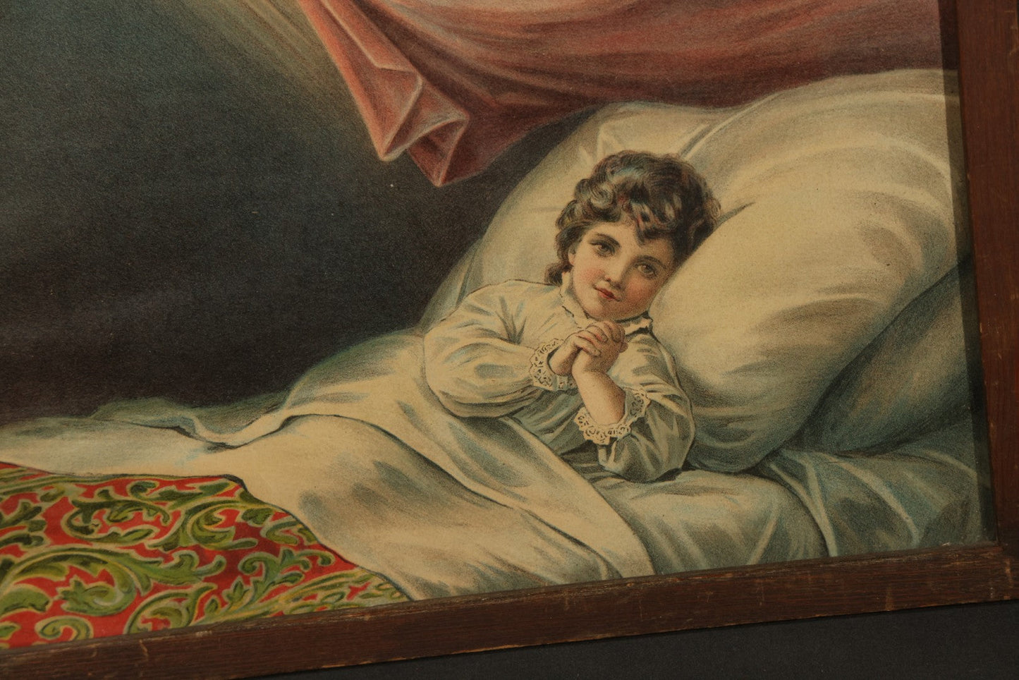Antique Framed Chromolithograph Print of Guardian Angels Watching Over a Sleeping Child