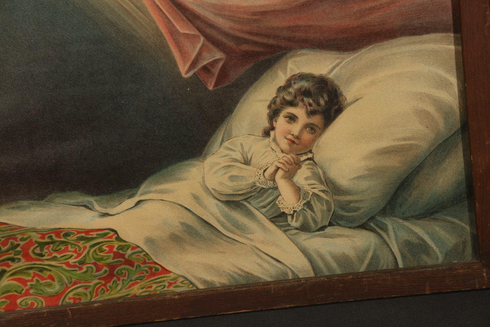 Antique Framed Chromolithograph Print of Guardian Angels Watching Over a Sleeping Child