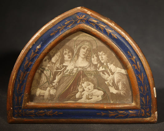 Antique Religious Print of Madonna and Child with Angels in Gothic Arch Florentine Frame with Blue and Gold Foliate Decoration
