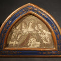 Lot 063 - Antique Religious Print of Madonna and Child with Angels in Gothic Arch Florentine Frame with Blue and Gold Foliate Decoration, 6-1/4" W x 4-7/8" H