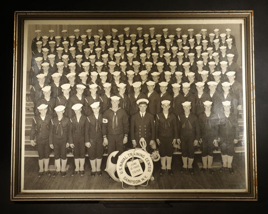Vintage Framed WWII U.S. Naval Training Center Company 150 Group Photograph, Sampson, New York, June 12, 1945