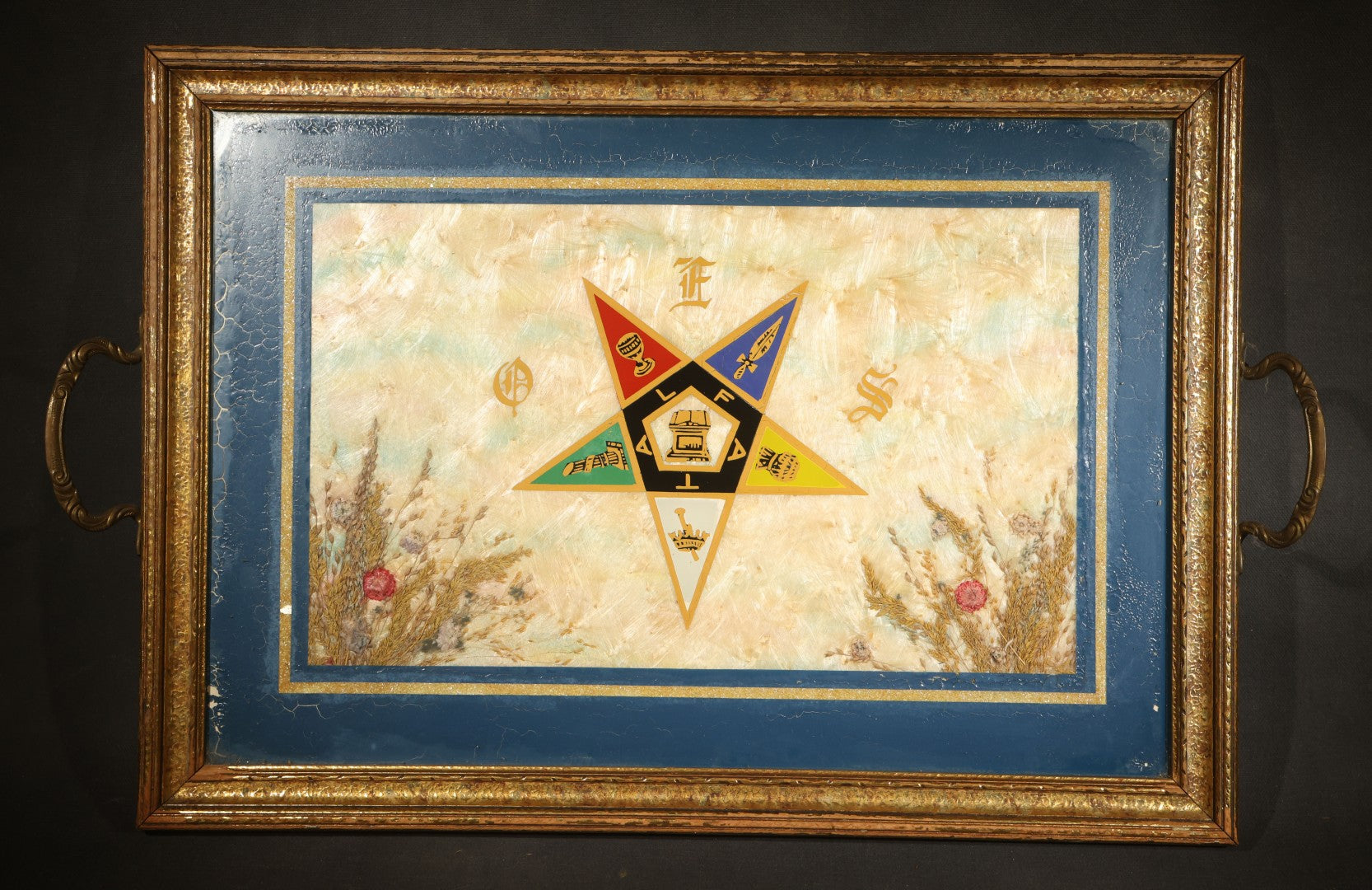 Vintage Order of the Eastern Star Reverse-Painted Glass Serving Tray with Handles, Manufactured by Halluck's, Springfield, Massachusetts