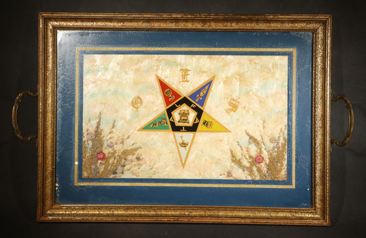 Vintage Order of the Eastern Star Reverse-Painted Glass Serving Tray with Handles, Manufactured by Halluck's, Springfield, Massachusetts