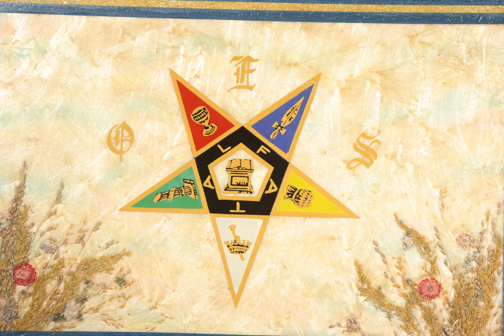 Vintage Order of the Eastern Star Reverse-Painted Glass Serving Tray with Handles, Manufactured by Halluck's, Springfield, Massachusetts
