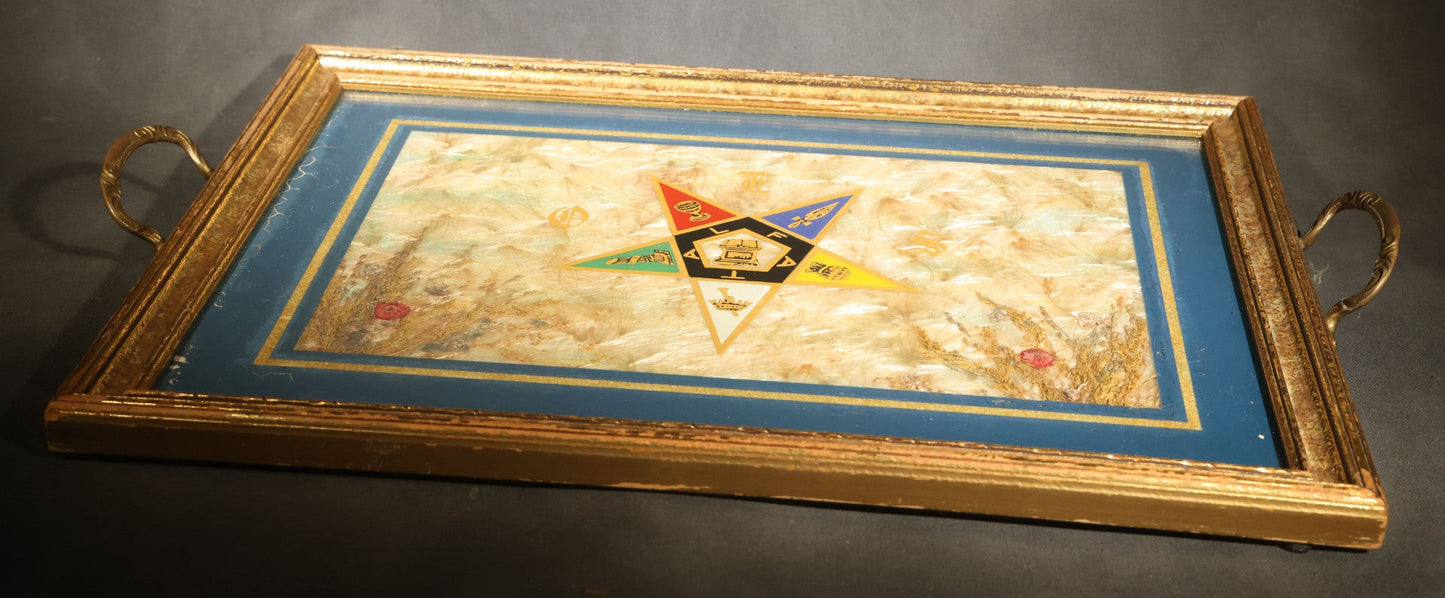 Vintage Order of the Eastern Star Reverse-Painted Glass Serving Tray with Handles, Manufactured by Halluck's, Springfield, Massachusetts
