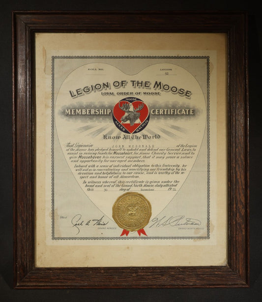 Vintage Framed Loyal Order of Moose Legion of the Moose Membership Certificate for John McDonald, Legion 92, Dated November 30, 1951