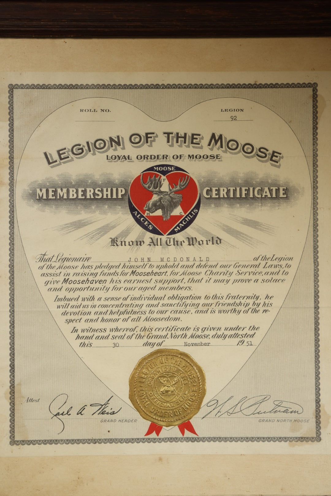 Vintage Framed Loyal Order of Moose Legion of the Moose Membership Certificate for John McDonald, Legion 92, Dated November 30, 1951