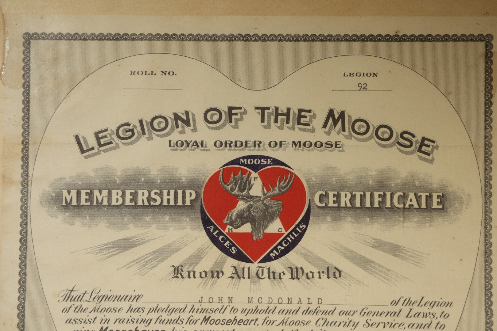 Vintage Framed Loyal Order of Moose Legion of the Moose Membership Certificate for John McDonald, Legion 92, Dated November 30, 1951