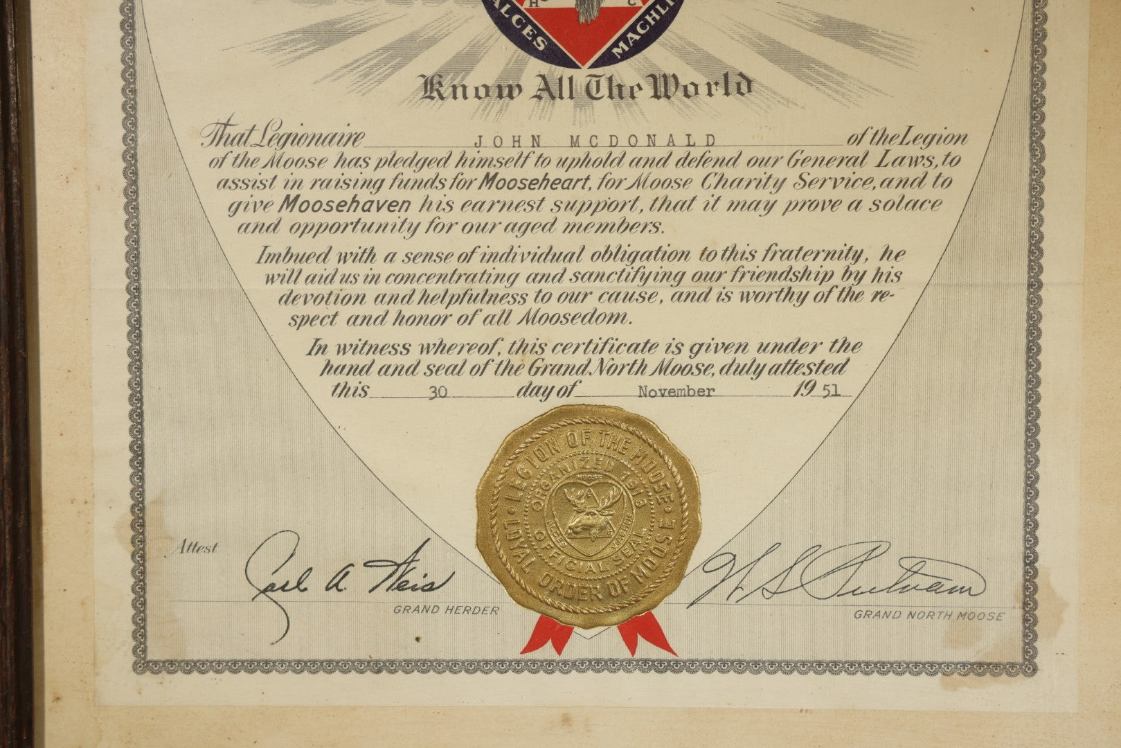 Vintage Framed Loyal Order of Moose Legion of the Moose Membership Certificate for John McDonald, Legion 92, Dated November 30, 1951