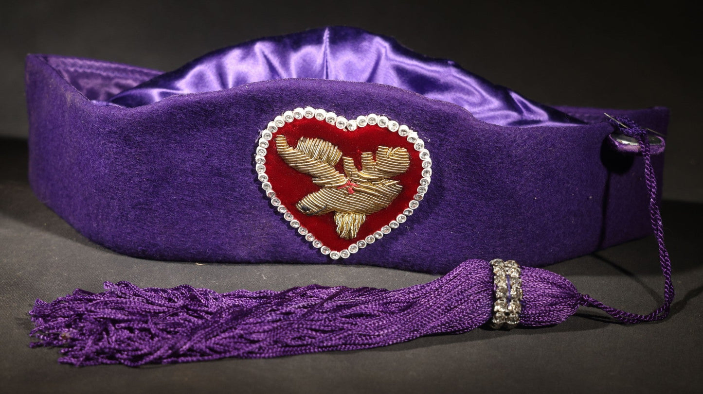 Vintage Purple Felt Loyal Order of Moose Legion of the Moose Official Legion Tah (Hat) with Gold Bullion Heart Emblem and Purple Tassel, Manufactured by T.C.A., Inc., New London, Ohio