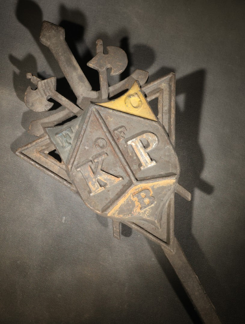 Antique Cast Iron Knights of Pythias Grave Marker with F.C.B. and K. of P. Emblems, Note Broken Stake