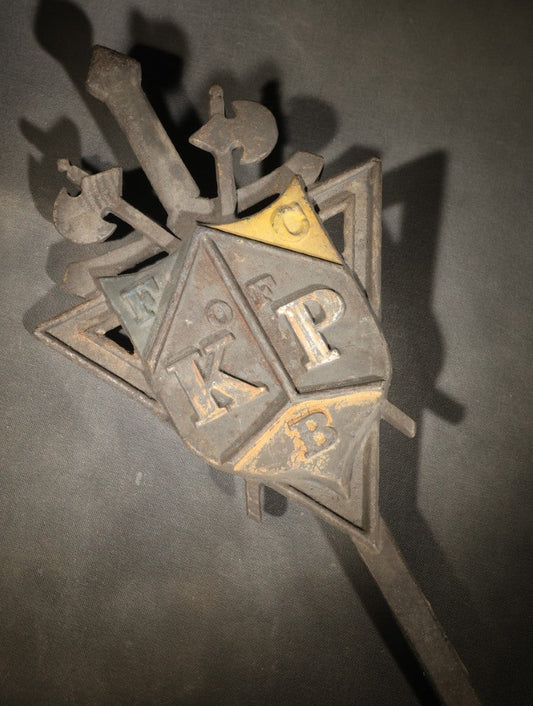 Antique Cast Iron Knights of Pythias Grave Marker with F.C.B. and K. of P. Emblems, Note Broken Stake