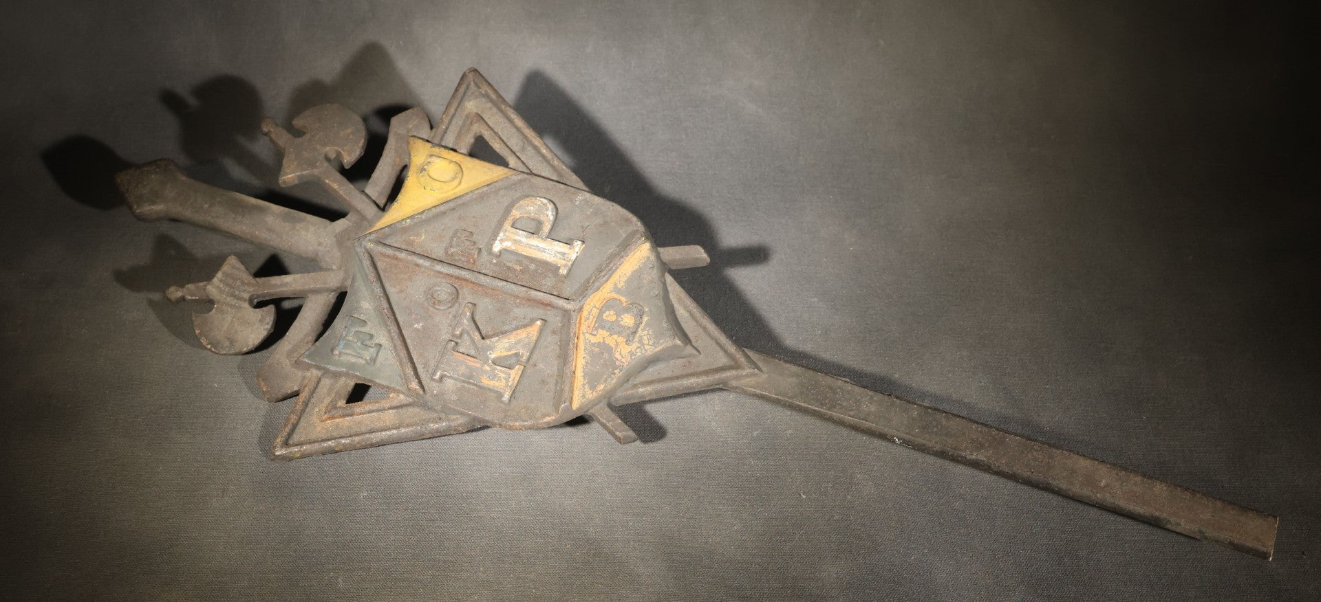 Antique Cast Iron Knights of Pythias Grave Marker with F.C.B. and K. of P. Emblems, Note Broken Stake