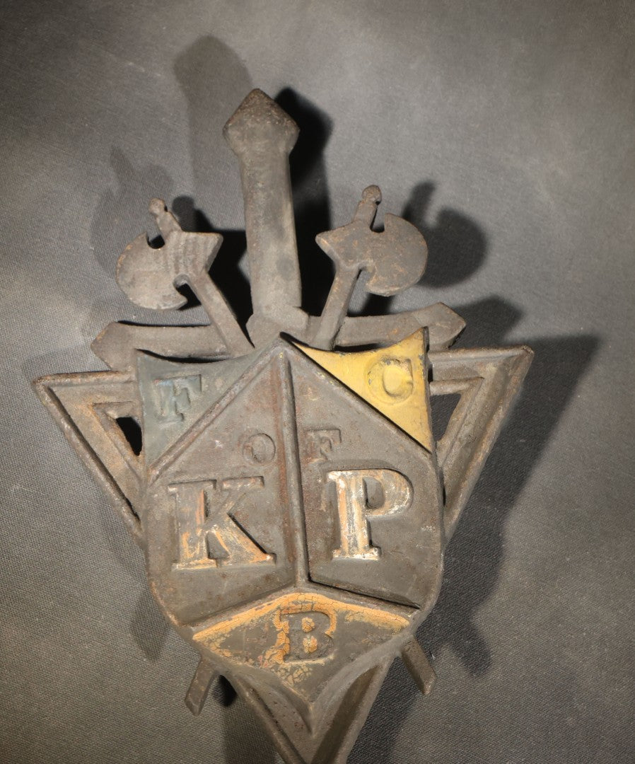 Antique Cast Iron Knights of Pythias Grave Marker with F.C.B. and K. of P. Emblems, Note Broken Stake