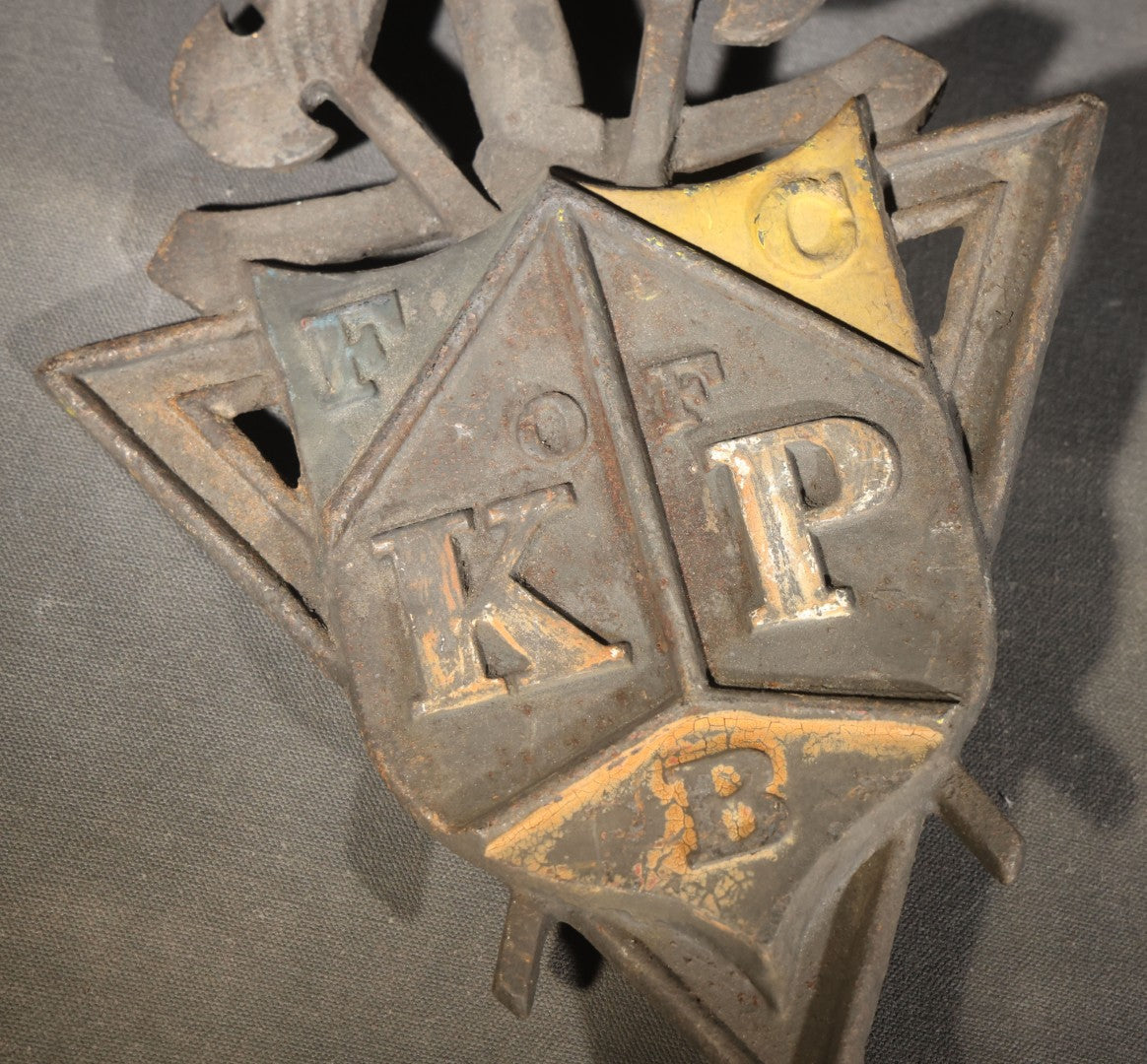 Antique Cast Iron Knights of Pythias Grave Marker with F.C.B. and K. of P. Emblems, Note Broken Stake