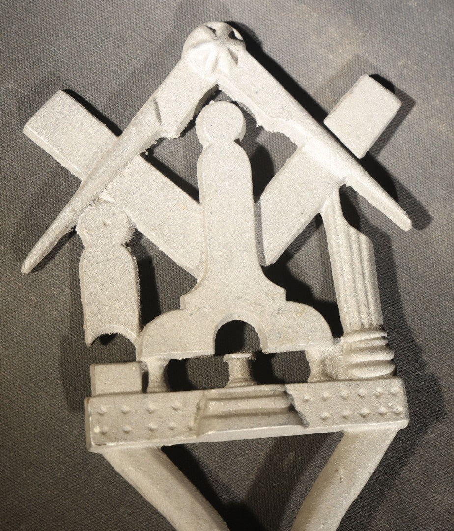 Antique Cast Aluminum Masonic Grave Marker with Square, Compass, and Pillar