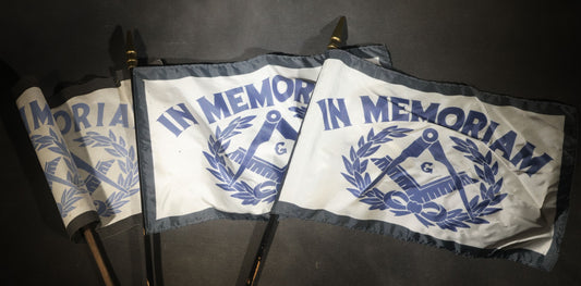 Trio of Modern Masonic "In Memoriam" Flags with Square and Compass and Laurel Wreath Design on Staffs