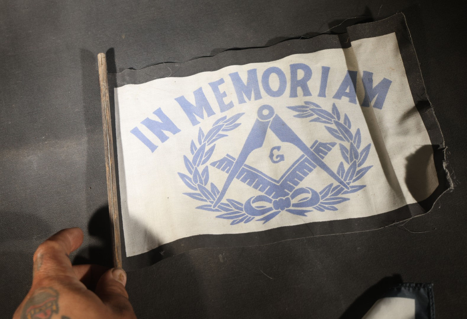 Trio of Modern Masonic "In Memoriam" Flags with Square and Compass and Laurel Wreath Design on Staffs