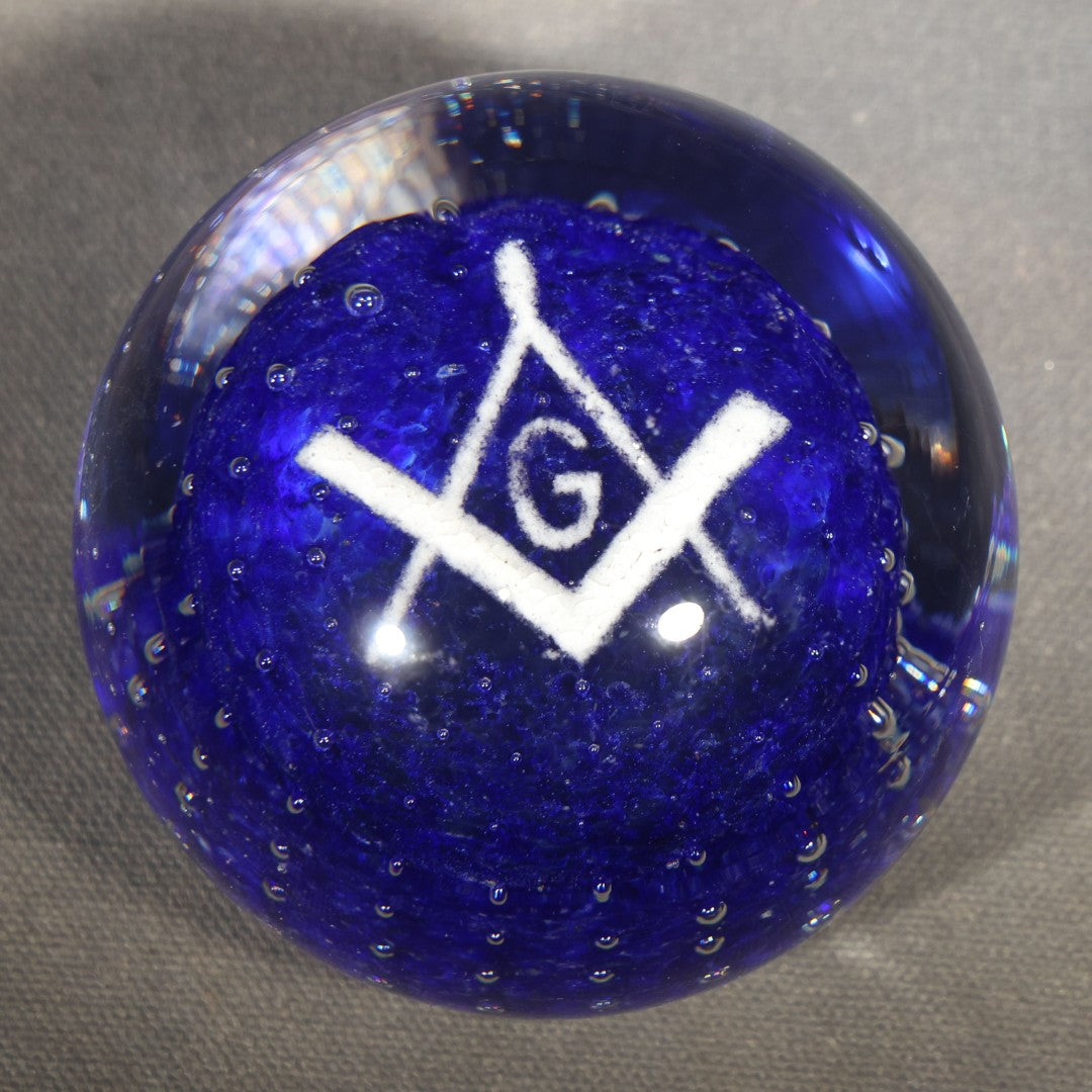 Vintage Clear and Cobalt Blue Glass Paperweight with Masonic Square and Compass Emblem, Note Chips