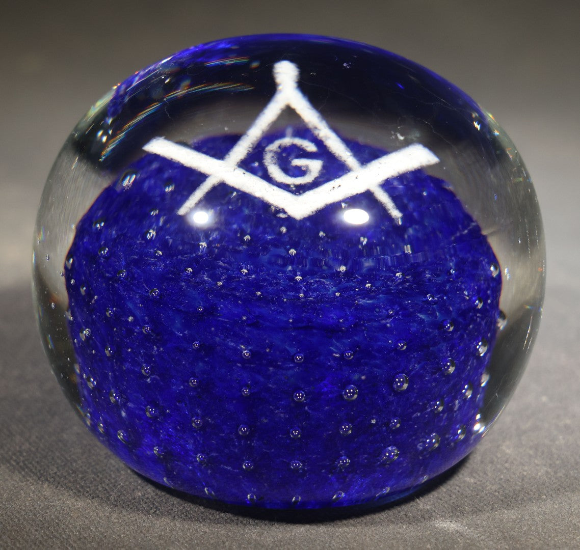 Vintage Clear and Cobalt Blue Glass Paperweight with Masonic Square and Compass Emblem, Note Chips
