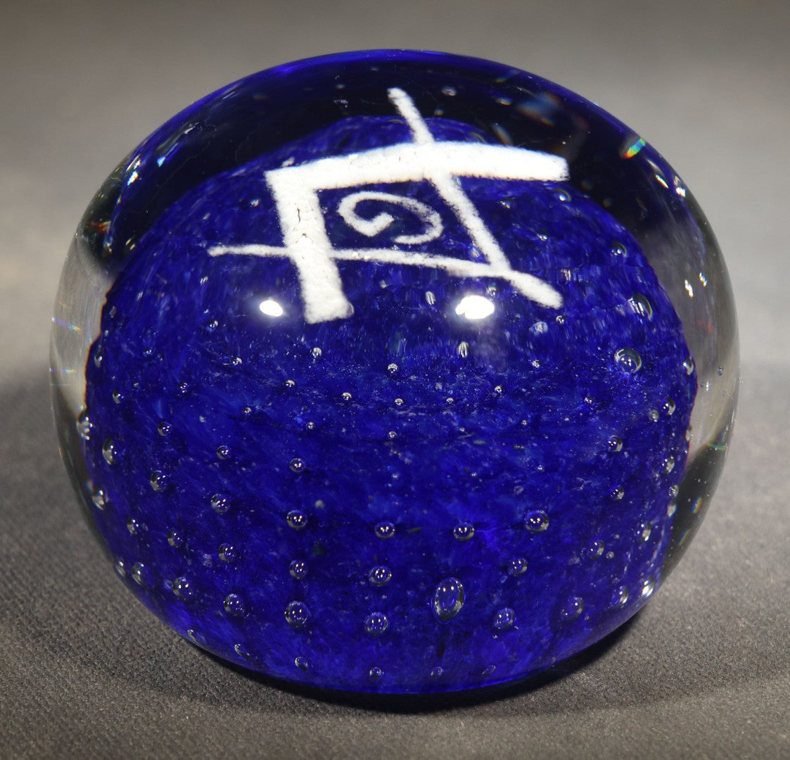 Vintage Clear and Cobalt Blue Glass Paperweight with Masonic Square and Compass Emblem, Note Chips
