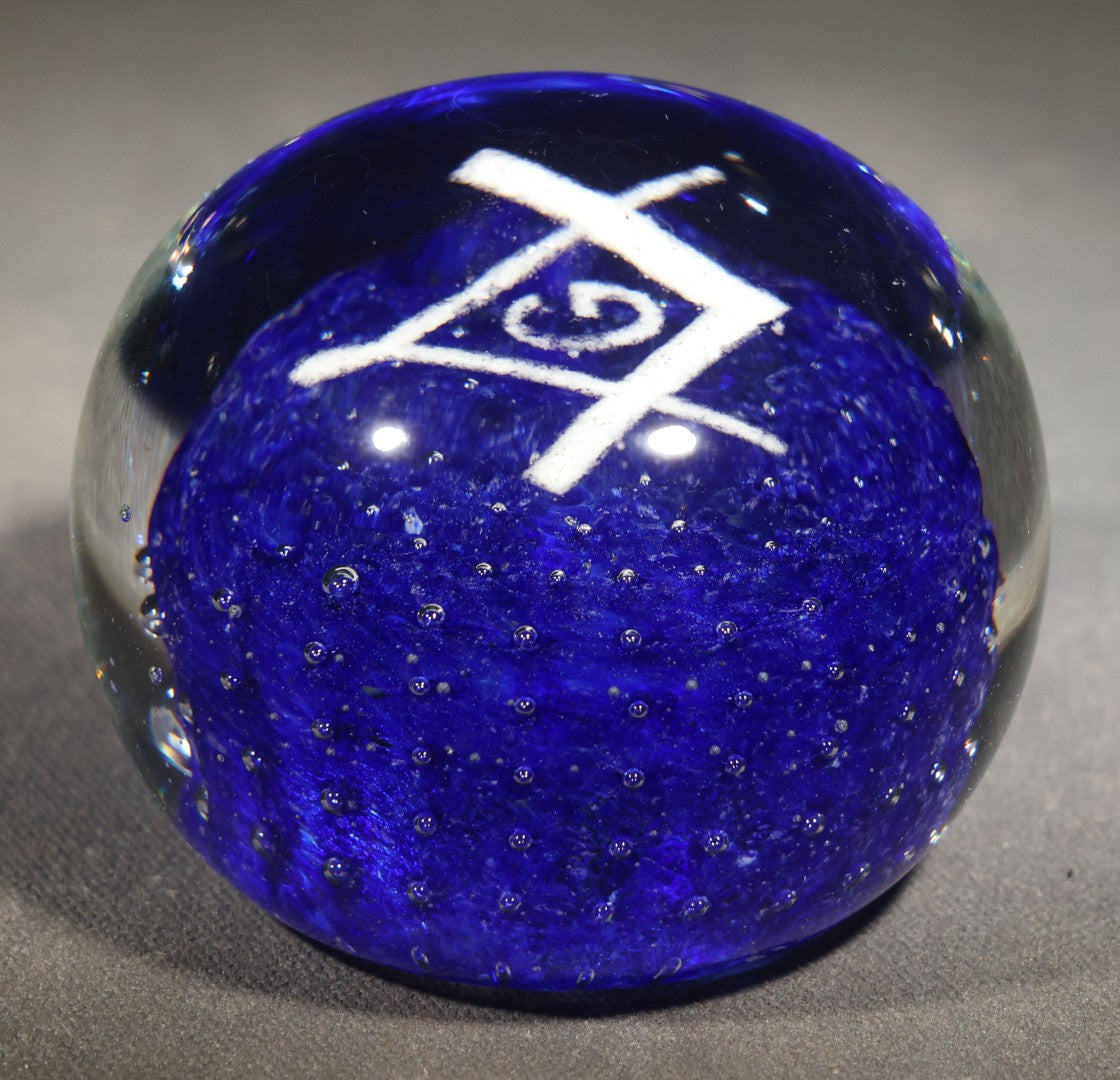 Vintage Clear and Cobalt Blue Glass Paperweight with Masonic Square and Compass Emblem, Note Chips