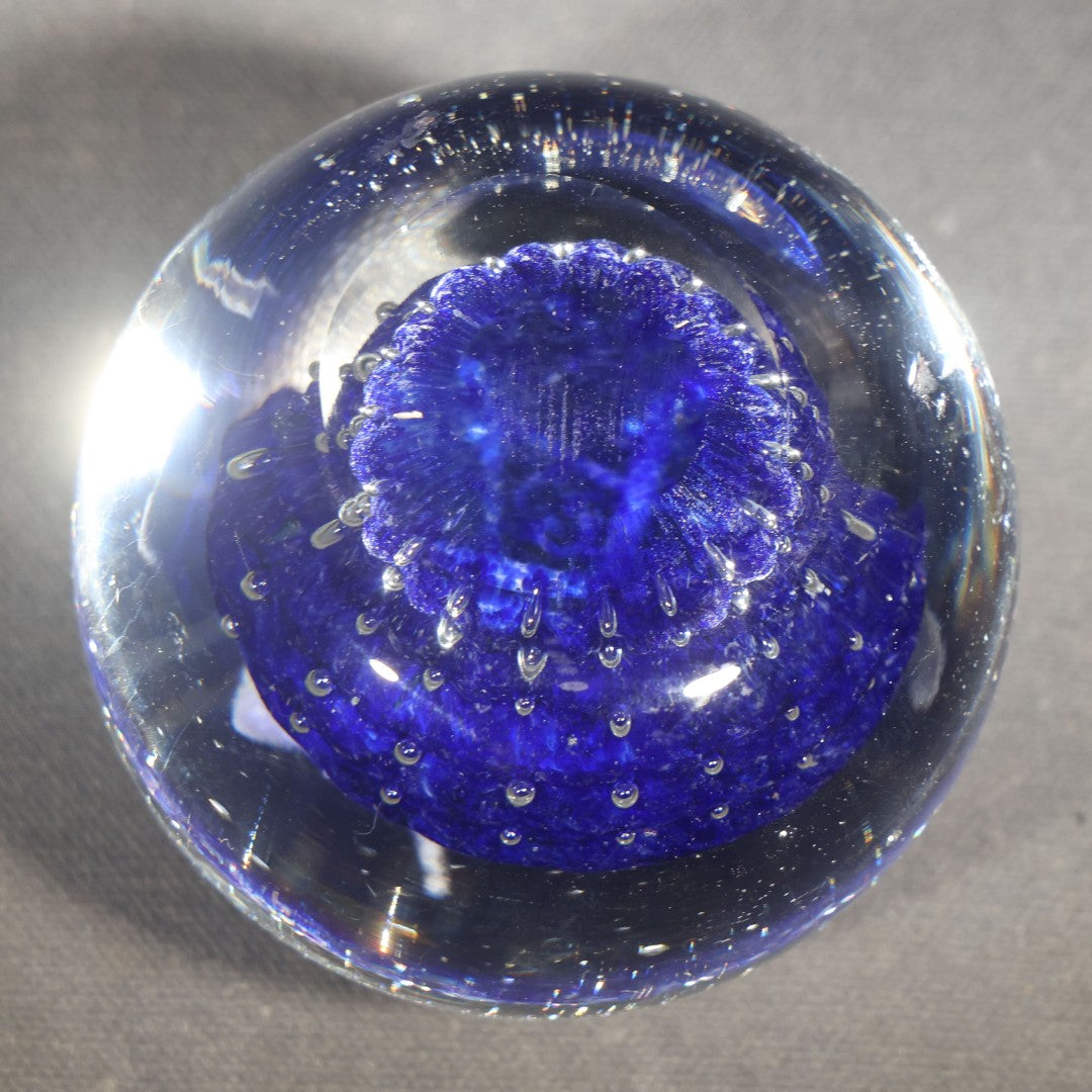 Vintage Clear and Cobalt Blue Glass Paperweight with Masonic Square and Compass Emblem, Note Chips