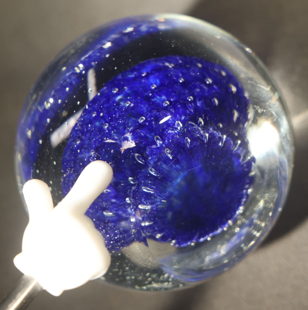 Vintage Clear and Cobalt Blue Glass Paperweight with Masonic Square and Compass Emblem, Note Chips