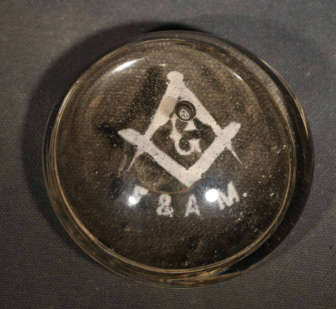 Antique Hand-Blown Glass Masonic Paperweight with Square and Compasses and "F. & A.M." Lettering, Pontil Mark on Base