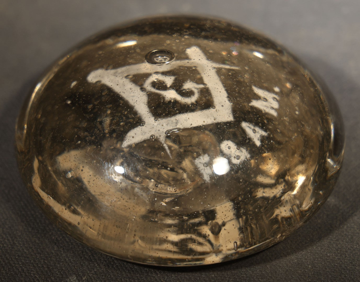 Antique Hand-Blown Glass Masonic Paperweight with Square and Compasses and "F. & A.M." Lettering, Pontil Mark on Base