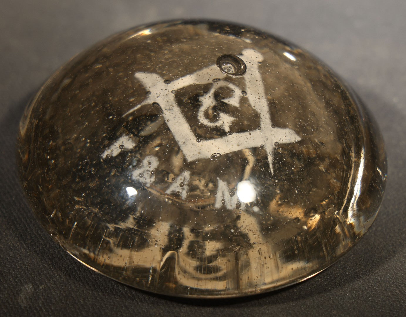 Antique Hand-Blown Glass Masonic Paperweight with Square and Compasses and "F. & A.M." Lettering, Pontil Mark on Base